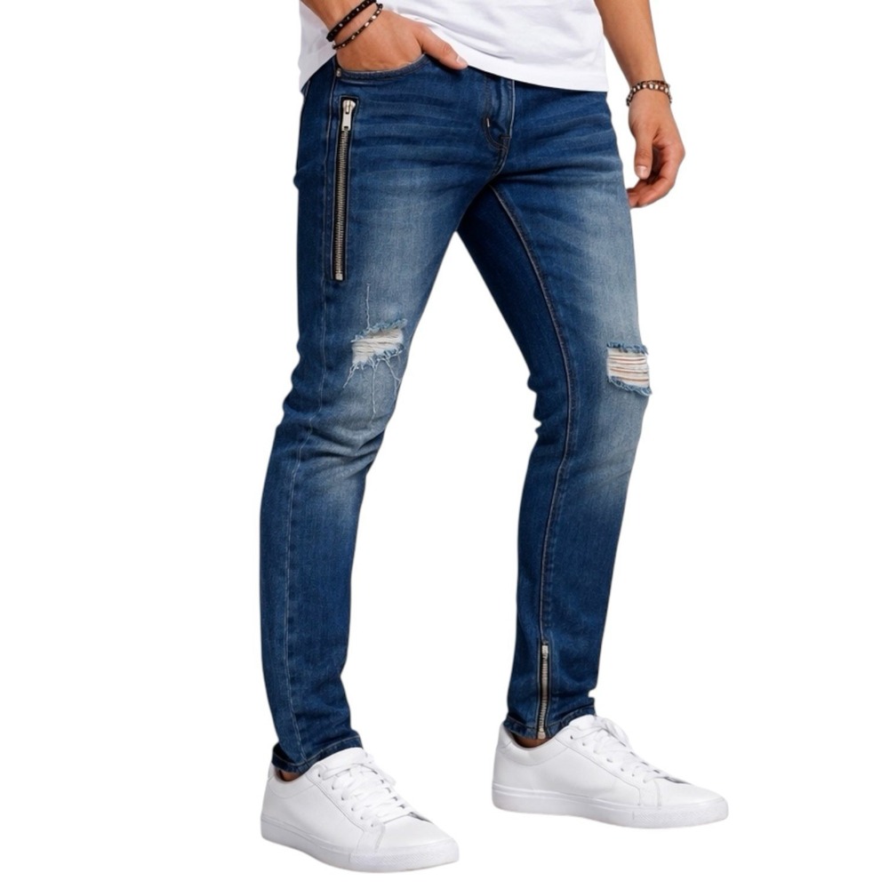 KUWALLA TEE Blue Skinny Jeans sz 34 Distressed Denim Ankle Zip Streetwear KUL-K2